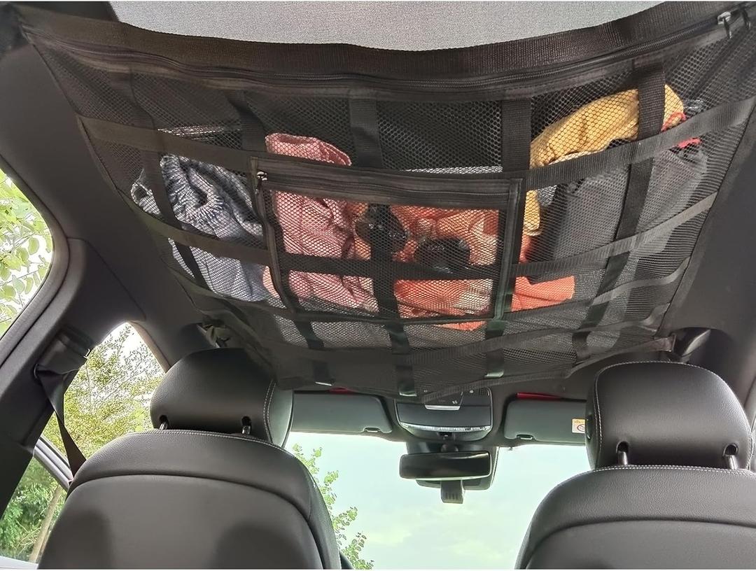 Car Ceiling Cargo Net Pocket Strengthen Load-Bearing Adjustable Double-Layer Mesh Roof Cargo Net Organizer with Zipper 35.4"x25.6" Car Ceiling Net for Car Truck SUV,Car Camping Essentials (Large size)