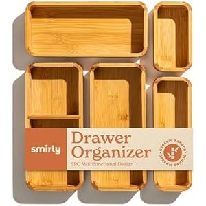 SMIRLY 5-Piece Bamboo Kitchen Drawer Organizer Set for Large and Small Utensils, Multi-use Storage Box - Bathroom, Nightstand, Jewelry, Cutlery, Knife, Spice, Towel, Junk Drawer Tray