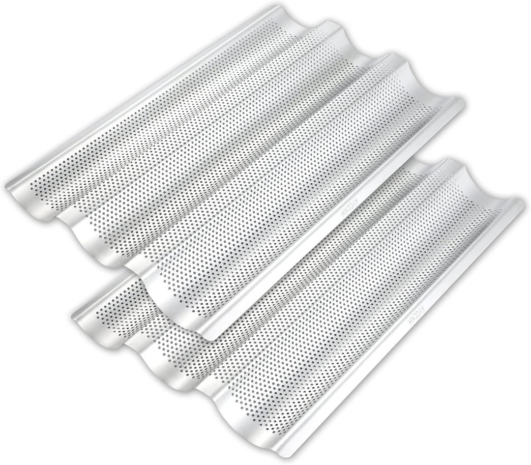 2 Pack Stainless Steel French Baguette Bread Pan, Perforated Loaf Pans for Baking 15"x10", 3 Waves Toaster Oven Baking Tray