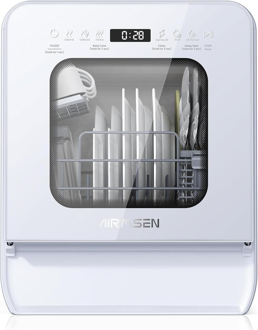 AIRMSEN Portable Countertop Dishwasher with 5L Water Tank, Mini Dishwasher with 14.6 Narrow & 20.1 Deep Design, 9 Programs, 24H Delay Start & 360 Dual Spray, No Hookup Needed, C01, White (4 Place Settings)