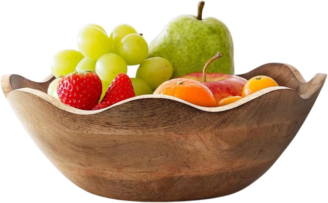 Mother's Day Handmade Large Wooden Bowl Mango Wood Decorative Bowl for Veggies, Fruits Wooden Serving Scalloped Bowl Modern Rustic Home Decorations Home Party Wedding Dcor 12 x 4.5 x 11 Inches