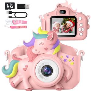 Kids Camera for 3-8 Years Old Toddlers Childrens Boys Girls Selfie Camera 20 MP HD 1080P IPS Screen Dual Digital Toy Camera for Kids Christmas Birthday Gifts with 32Gb Card (Pink-Unicarn)