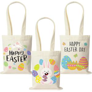 Jectivs 3Pack Easter Canvas Gift Bags with Handles Party Supplies,9.8 x 7.8 Inch Happy Easters Reusable Bunny Tote Bags Treat Basket Bulk for Kids Easter Egg Hunt Spring Party Favors (Blue Orange Green)