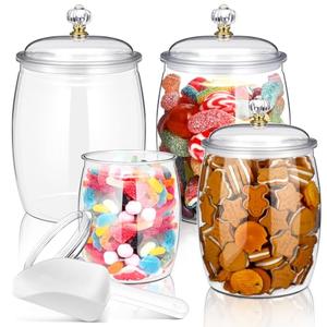 Nuogo 4 Pcs Plastic Candy and Cookie Jars with Lids Clear Cookie Container Candy Jars Large Airtight Apothecary Storage Organization for Wedding Home Kitchen Bar(42/64/90 oz)