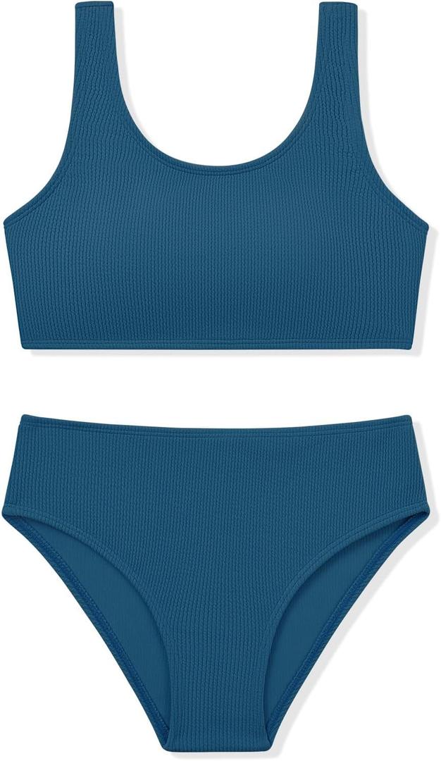 Girls Two Piece Swimsuits Ribbed Bikini Sets Swimming Bathing Suit Beach Sport Athletic Teen Girls Swimwear (13-14 Years, Malachite Green)