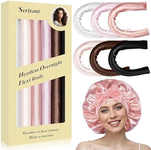 Heatless Curls Overnight Rods - 6 Pcs No-Heat Blowout Hair Curler Set, Hair Rollers for Long Hair with Bonnet for Sleeping