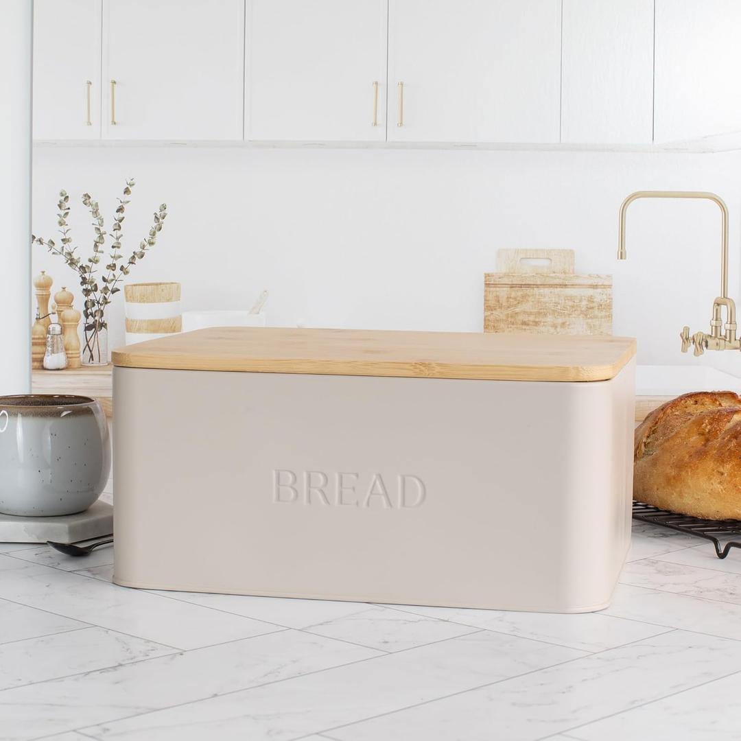 ZICOTO Beautiful Bread Box With Wooden Lid For Your Kitchen Countertop - Spacious Container Perfectly Stores Your Homemade Bread, English Muffins & Bagels - Quality Cutting Board Lid Keeps Loaf Fresh (Fog)