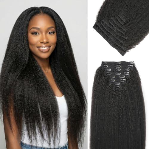 Kinky Straight Clip In Hair Extensions,24inch 200G 8pcs,100% Pure Protein Fiber Close to Human Hair,Natural Black Full Head Double Weft Invisible Yaki Clip Ins for Women (#1B,24inch)