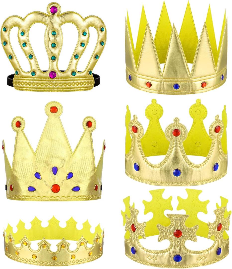 Jspupifip 6 Piece Birthday King Crowns, Kids Party King Queen Prince Princess Gold Crown Coronation Hat Cloth Halloween Nativity Costume Accessories Crown