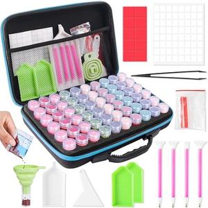 MERATIA 60 Slots Diamond Painting Storage Container, Diamond Art Kits for Adults Stackable Bead Organizer with Carrying Handle, Craft Storage Box with Accessories (Blue-60 Slots)