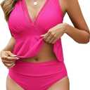 Edelqual Womens Swimsuits Tankini Two Piece Bathing Suits Tummy Control High Waisted Bikini Set 2025 Ruffled Swimwear (Pink, XL)