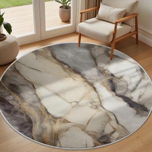 Marble Washable Round Rugs - 5ft Circle Area Rug, Grey and Gold Marble Circle Rug for Dining Room Table, Modern Abstract Luxury Round Carpet Non-Slip Low-Pile