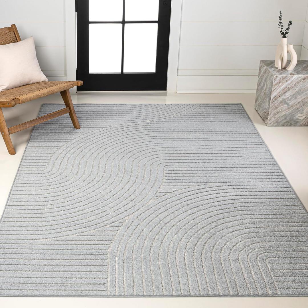 JONATHAN Y Hallie High-Low Curve Light Blue/Cream 5x8 Indoor/Outdoor Area Rug, Minimalist Geometric, Pet Friendly, for Patio, Backyard, Living Room, Bedroom, Office, Hose-Washable (SCN100E-5) (5'3" x 7'7" (Rectangular))