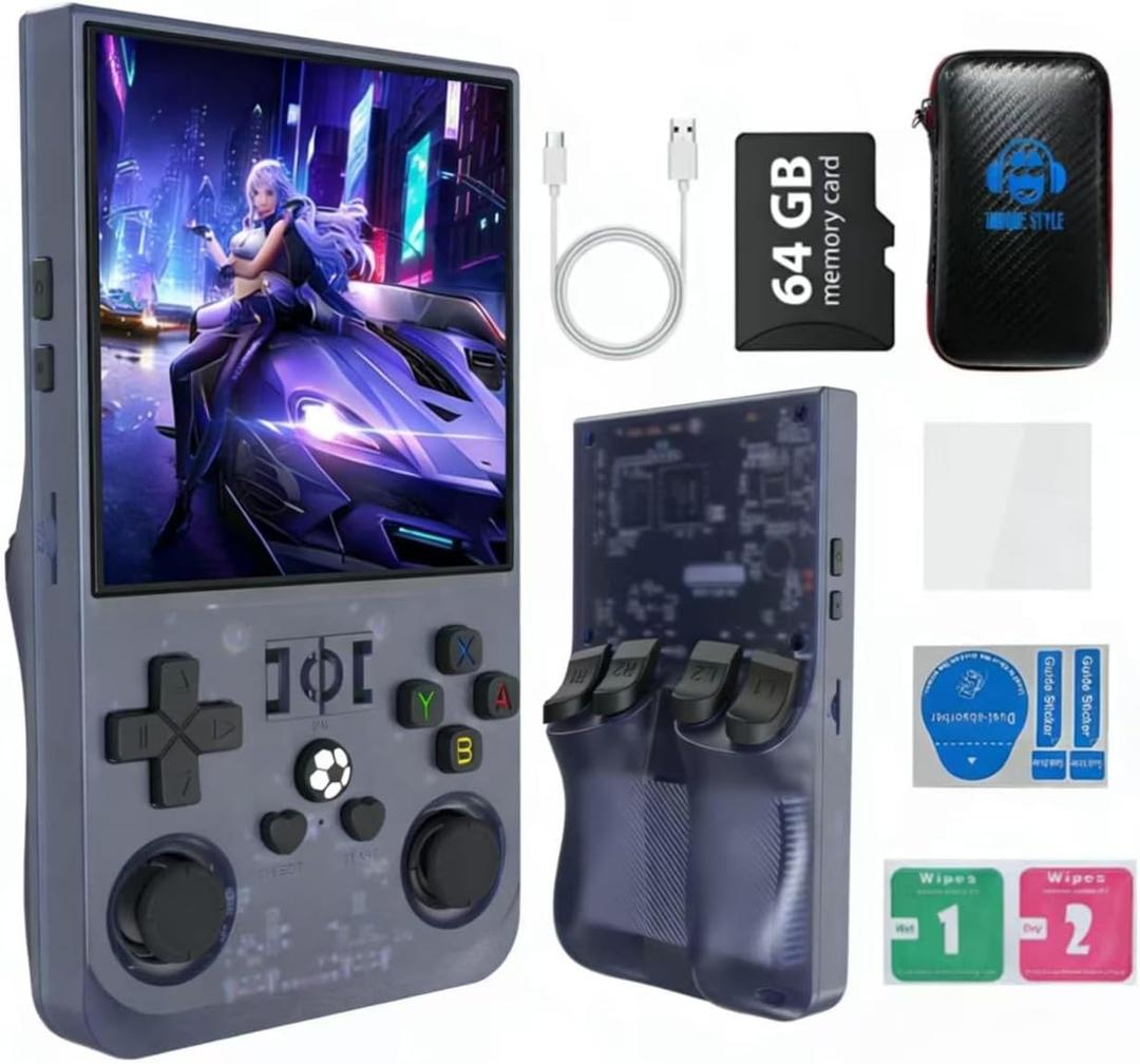 R36MAX 4000mAh Portable Rechargeable Handheld Retro Game Console,Comfort Non-Slip Handheld Standing Retro Game Console with 64G TF Car,4.0-inch Screen,for Office,Purple Gray