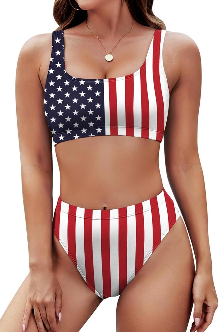 Pink Queen Women's Crop Top High Waisted Cheeky Bikini Set Two Piece Swimsuits (X-Large, 02 - Usa Flag)