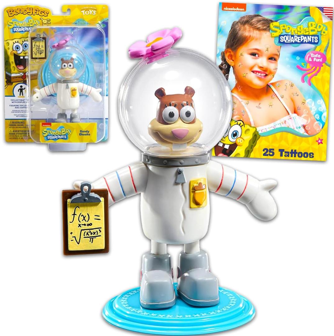 Spongebob Squarepants Sandy Collectible Figure Set - Bundle with Sandy Cheeks Action Figure and Display Plus Tattoos | 7" Spongebob Bendy Figure Toy