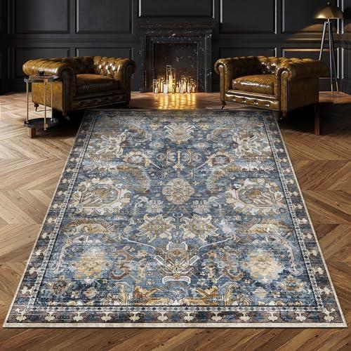 RUGSURE Washable Area Rugs - Perfect for Living Room, Bedroom, Kids Room, Nursery - Stain & Water Resistant Non-Slip, Pet & Child Friendly, Vintage Tribal Area Rugs (Navy, 6' x 9')