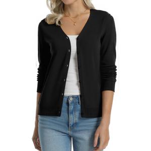 QUALFORT Women's 100% Cotton Lightweight Cardigans Long Sleeve Knitted Button Down Sweater (Large)