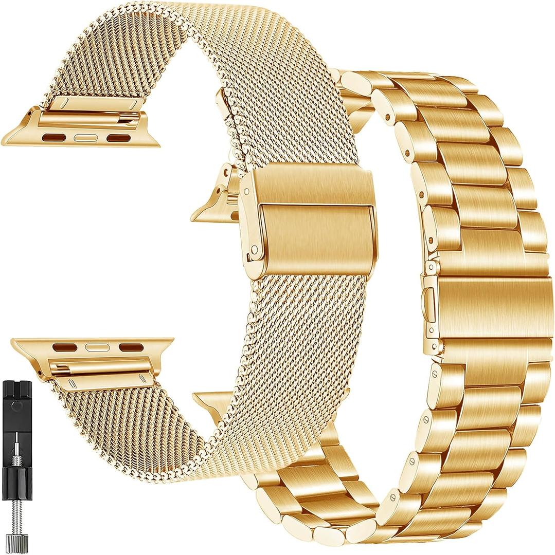 2 Pack for Apple Watch Bands for Women,Metal Strap for Apple Watch Series 10,Mesh Stainless Steel Replacement for iWatch 10,9,8,7,6,5,4,3,2,1,SE,SE 2nd,Ultra (Gold), 42MM/44MM/45MM/46MM/49MM