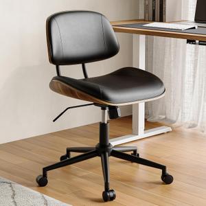 Armless Office Chair with Wheels, PU Leather Adjustable Height Desk Chair - 360 Swivel Ergonomic Computer Chair for Small Space, Modern Walnut Style, Home & Meeting Room, Black, 1-pack