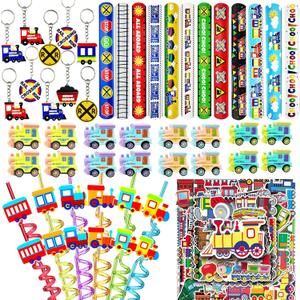 Train Party Favors 122PCS Slap Bracelets DIY Stickers Drinking Straw Keychains Pull-back Vehicle for People Car Theme Birthday Party Car Theme Birthday Party