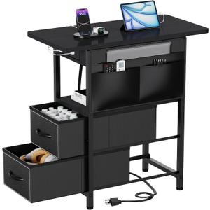 Small Side Table with Charging Station, Narrow Nightstand Bedside Tables with Storage Pocket for Living Room Bedroom, Sofa End Table with USB Ports and Power Outlets for Small Spaces (Black)
