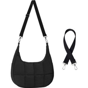 Puffy Crossbody Bags for Women, Small Puffer Crescent Shoulder Bag, Nylon Quilted Purse for Women with 2 Straps (Black)