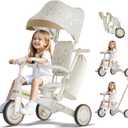 WinHope 9-in-1 Push Tricycle for Toddlers 1-3 Years | Convertible Kids Trike with Adjustable Parent Handle & Safety Harness, Lightweight Foldable Design + Storage Basket for Boys & Girls (White)