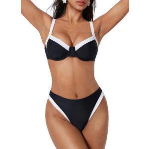SUUKSESS Women Color Block Underwire Bikini Sets Cheeky High Cut 2 Piece Swimsuit (Medium, Black White)