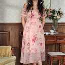 Scarlet Darkness Floral Dress for Women Summer Puff Sleeve Square Neck A Line Flowy Wedding Guest Tea Party Dresses, Large
