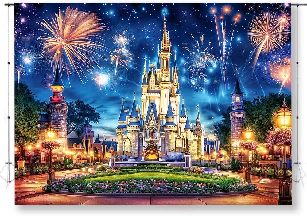 7x5FT Castle Night Backdrop for Photography Princess Golden Castle Fireworks Background Baby Shower Children Portrait Cake Table Photo Booth Props KUBDJ1137