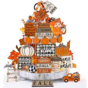 21 Pcs Fall Thanksgiving Tiered Tray Decoration Set Thanksgiving Table Sign Pumpkins Farmhouse Gnome Maple Leaves Centerpieces Harvest Wood Blocks Signs Fall Block Tabletop for Autumn