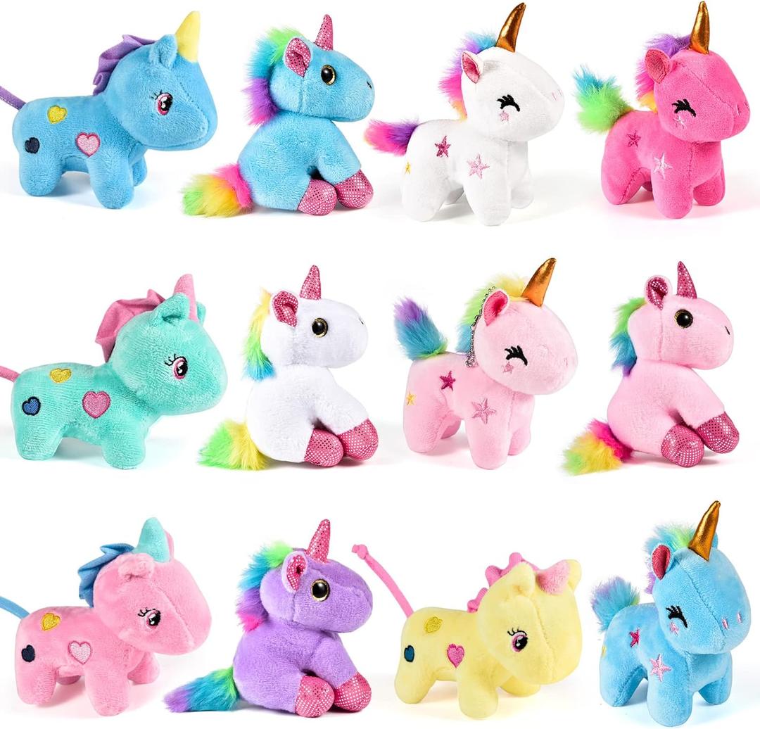12Pcs Mini Plush Unicorn Stuffed Animals Unicorn Party Favors Bulk Toys Assortment 4.8" Inch Keychain Goodie Bag Stocking Stuffers Fillers Kid Girl Birthday Gift Carnival Prize, Unicorns Party Favors