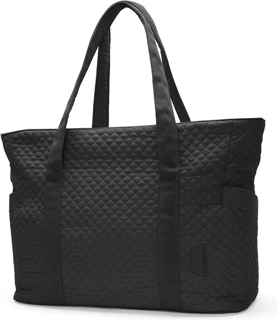 BAGSMART Crush Tote Bag for Women, 20L Puffer Work Tote with Zipper, Travel Essentials Quilted Nurse Hospital Bag (Black)