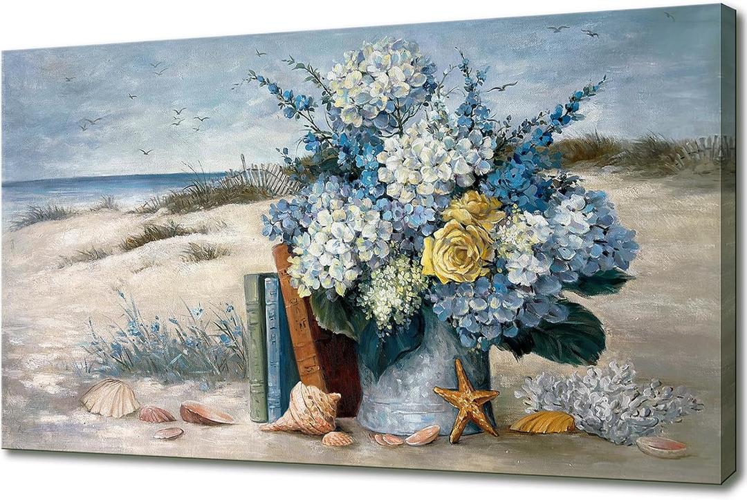 Coastal Blue Flower Wall Art for Living Room Beach Floral Canvas Print Modern Hydrangea Flowers Picture Ocean Theme Seascape Print Painting Hanging for Home Office Bedroom Dining Room 20x40inch