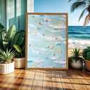 Framed Tiny People Surfing Canvas Wall Art, Abstract Blue Coastal Surfer Pictures Wall Decor, Funky Summer Ocean Paintings Prints Beachy Home Decor for Living Room Bedroom Dorm 16x24 inch