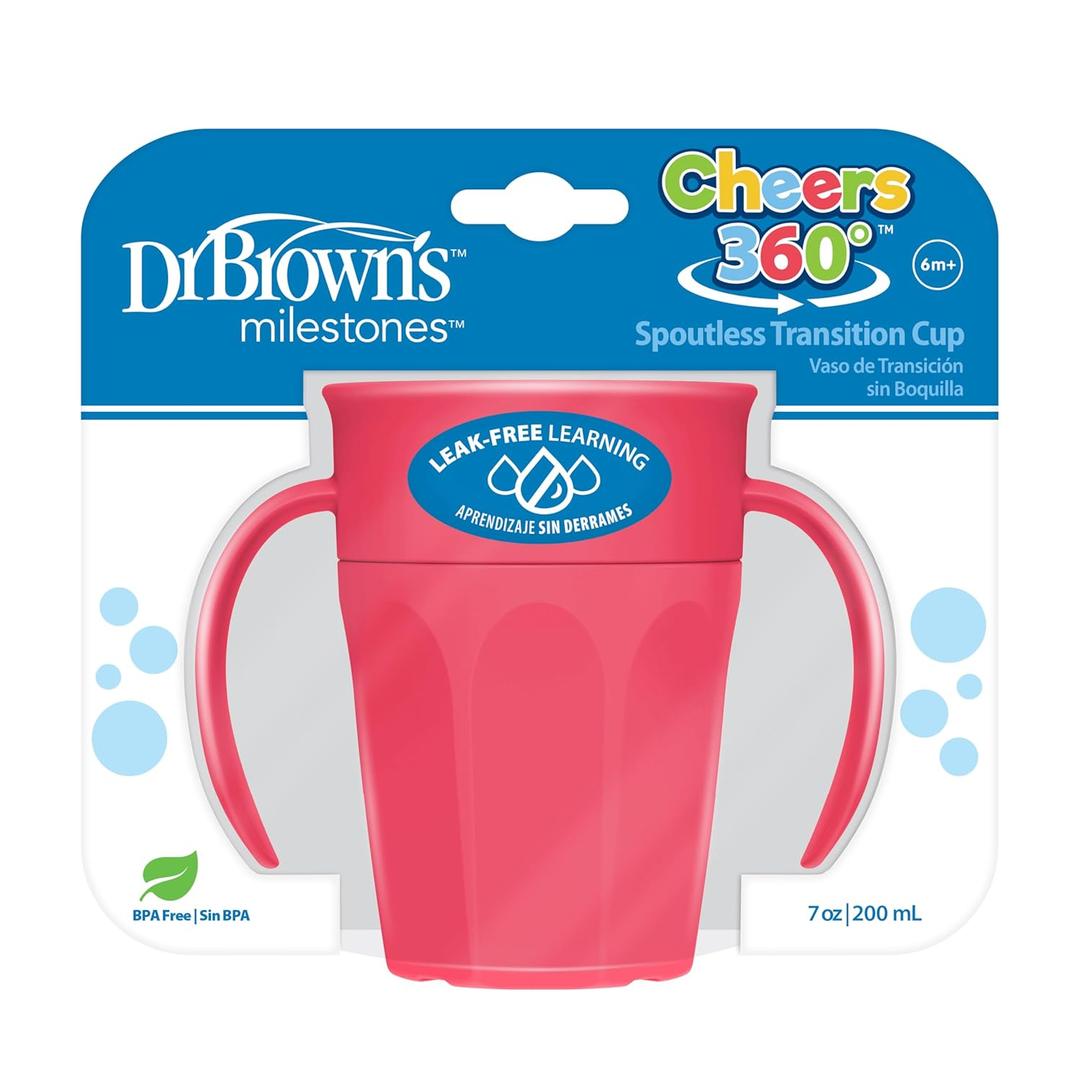 Dr. Brown's Milestones Cheers 360 Spoutless Transition Cup with Handles, Travel Friendly and Leak Free Sippy for Babies and Toddlers, Pink, BPA-Free, 7 oz/200 mL, 6m+