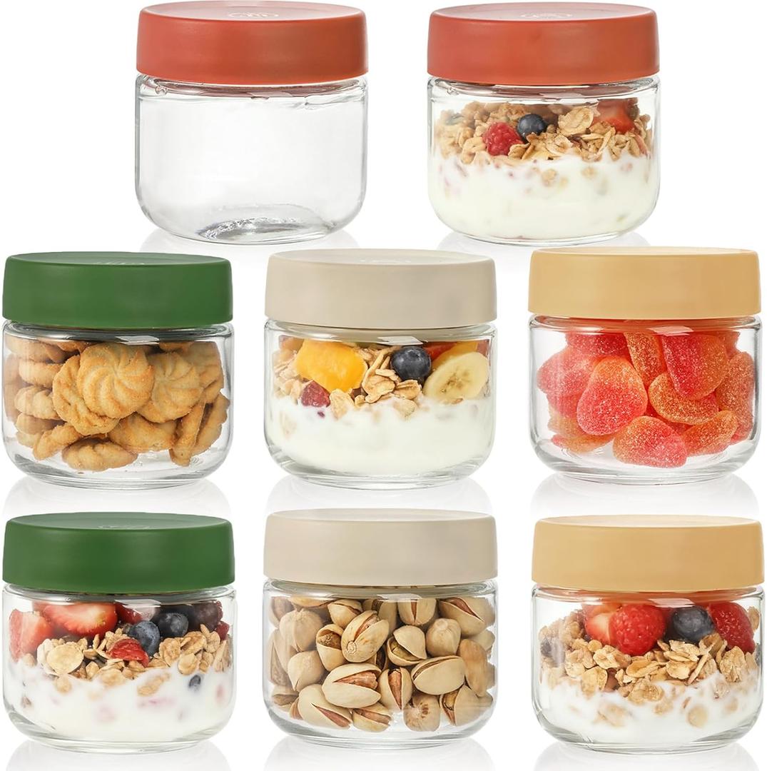 8 Pack Overnight Oats Container with Lids, 10 Oz Clear Glass Yogurt Storage Jar, Leak Proof Empty Glass Candy Jar for Food Prep, Spice, Snacks, Jam, Beans, Cereal, Kitchen, Airtight