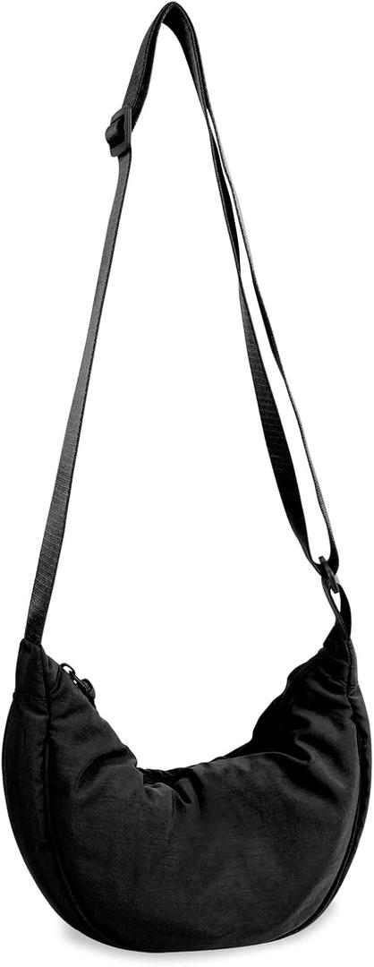 Nylon Crescent Crossbody Bag for Women Purses Trendy Men,Small Travel Sling Bag Hobo (Black)