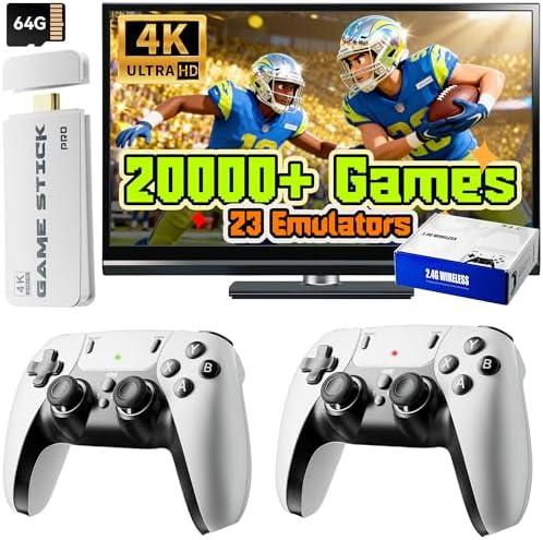 Upgrade Retro Gaming Console Pro, Wireless Retro Game Stick Console with 20000+ Games, Built-in 23 Game Emulators, Video Games Plug and Play with Upgrade Dual 2.4G Wireless Controllers White (64G)