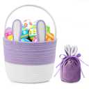 Easter Basket Cotton Rope Easter Bunny Baskets Empty with Handle for Egg Hunt Gifts, Girls Boys First Easter Basket Bucket with Velvet Drawstring Gift Bag for Easter Stuffers, Purple & White