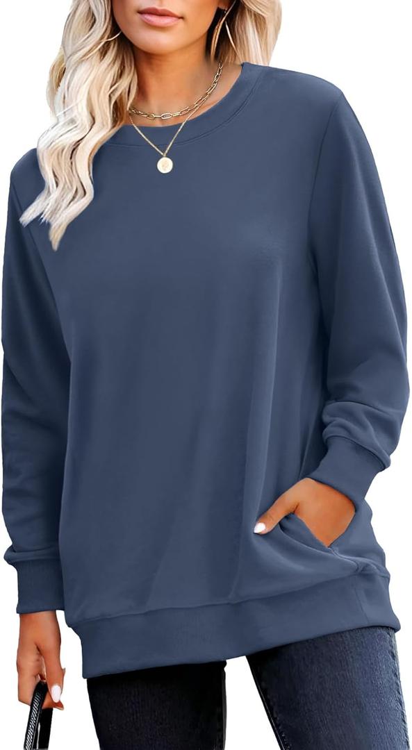 RUMIA Crewneck Fall Sweatshirts for Women Trendy- Women's Plain Long Sleeve Pullover Tops with Pockets Fashion (Navy), L