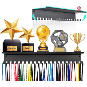 Metal Medal Hanger Display,Non-Slip Trophy Shelf with 20 Hooks,Wall Mount,Heavy Duty,Non-Bent,Holds 22-33lbs,for Gymnastics,Race,Soccer,Swim (Black)
