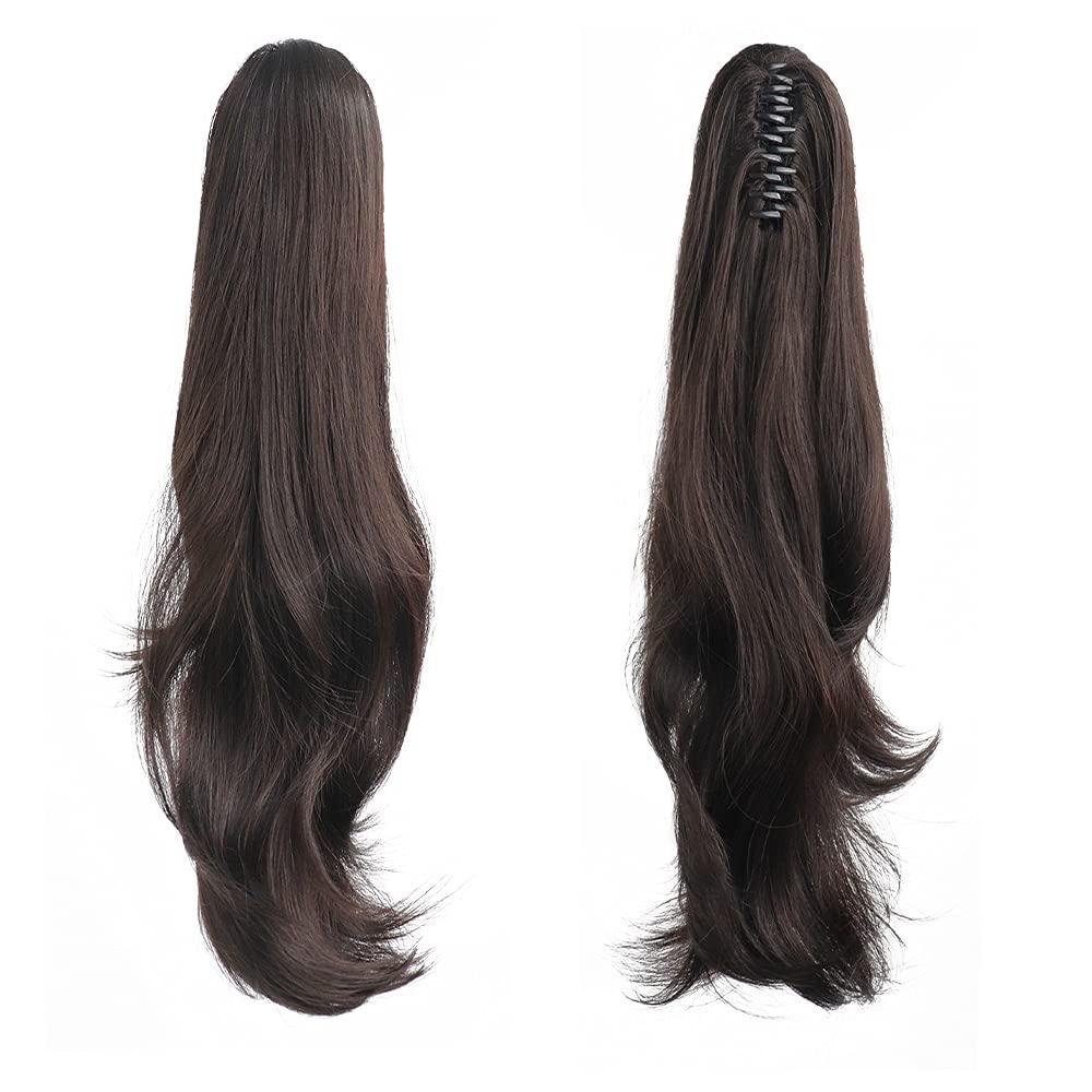 Ponytail Extension,24" Dark Brown Claw Clip Hair Extensions for Women Straight Hair Piece Synthetic Wavy Pony Tail Halloween Fluffy Daily Use