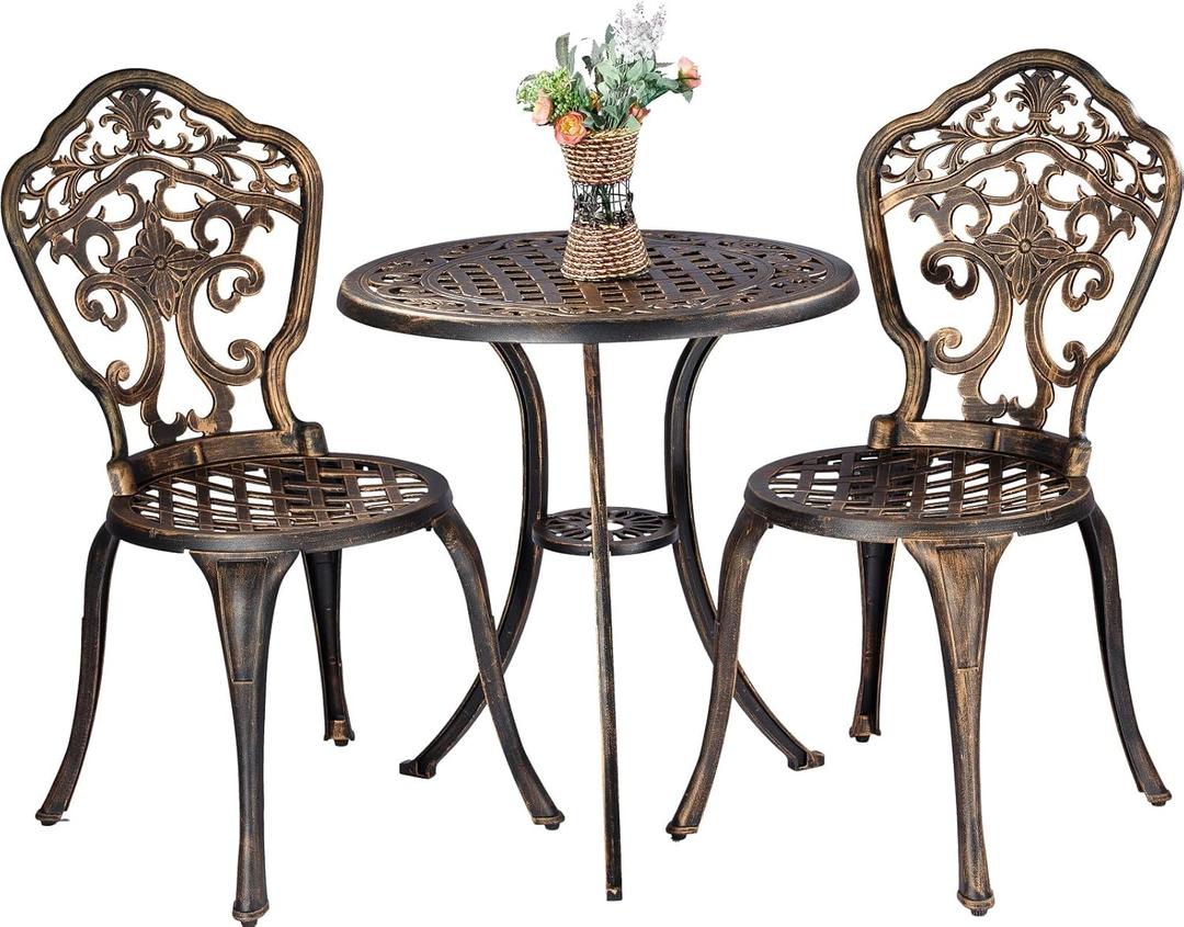 Bistro Set 3 Piece Rustproof Cast Aluminum Patio Furniture Sets 2 Chairs and 1 Round Table Outdoor, Garden, Patio, Balcony, Bronze, Carved Chair Set