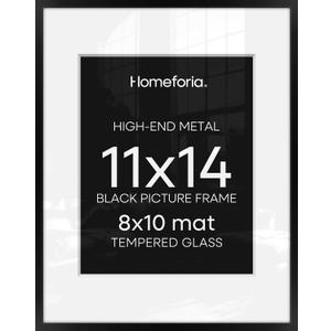 Homeforia Black 11x14 Picture Frame, High End Metal 11x14 Poster Frames with Mat 8x10, 11 x 14 Black Frame Matted to 8 x 10 inch Photo, 11 by 14 Thin Hanging Frames, Tempered Glass, Wall Kit, Set of 1