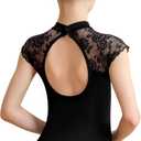 Girls Turtleneck Dance Leotard for Ballet, Lace Neckline, Full Front Lining, Hollow Back (Black, L)