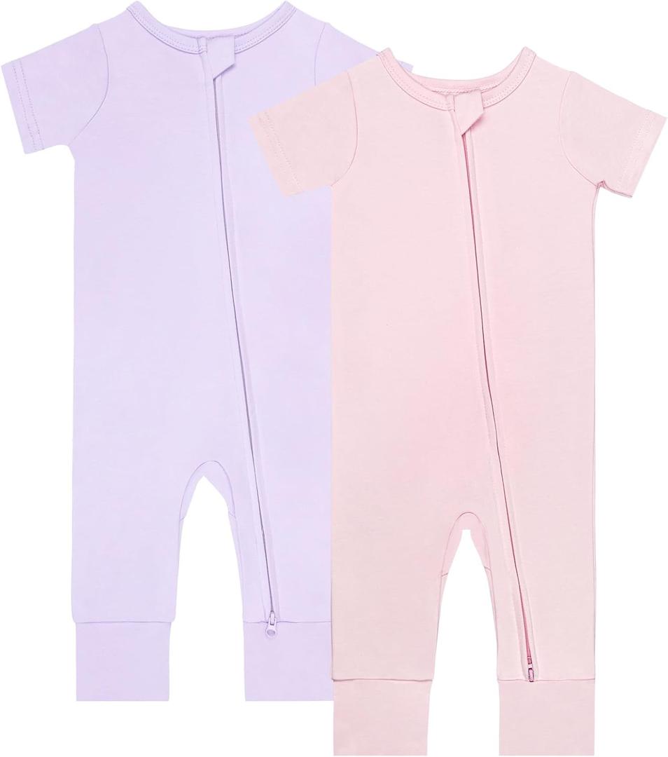 GUISBY Footless Short Sleeve Baby Pajamas with Zipper Cotton Infant Sleepwear (12-18 Months, Light Pink+purple)