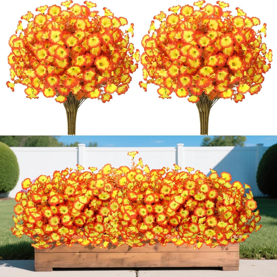 Halloween Artificial Morning Glory Fall Flowers for Outdoors, 12 Bundles UV Resistant Faux Mums, Autumn Silk Flowers for Decoration in Orange Yellow
