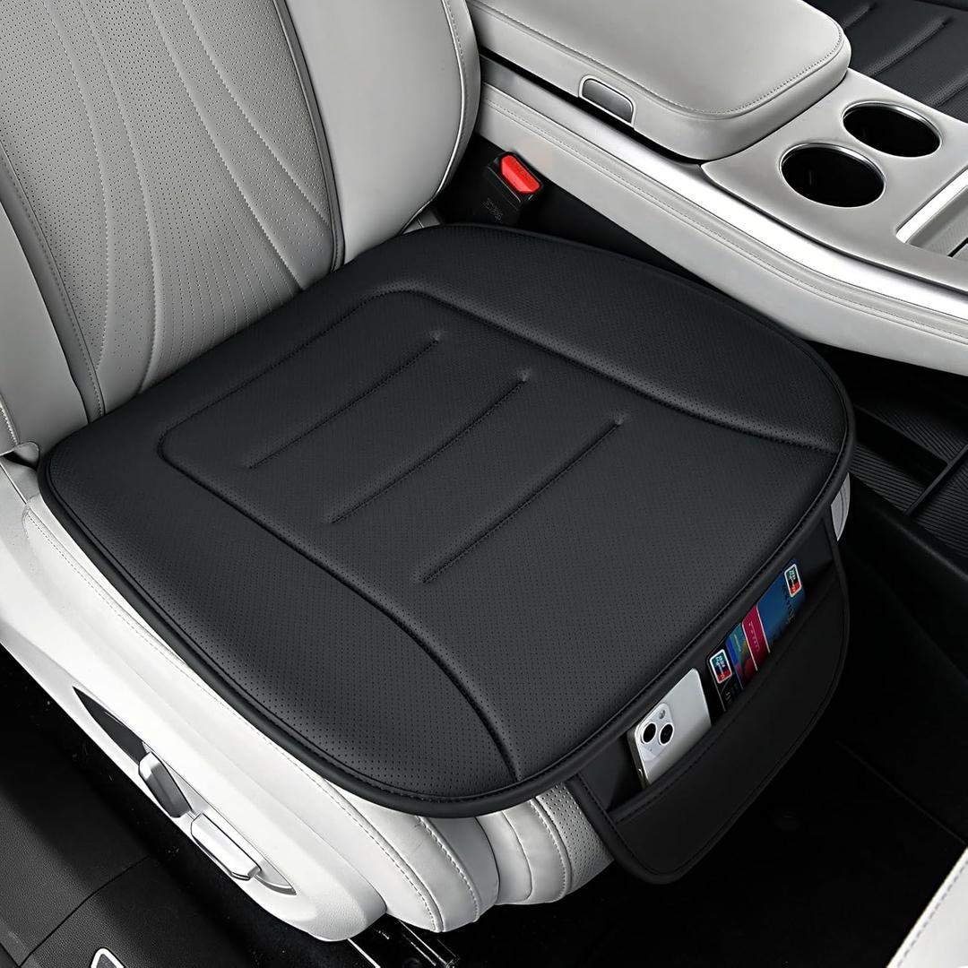 KAYI Car Seat Cushion, Comfort Memory Foam Car Cushions for Driving, Breathable Leather Surface with Anti Slip Rubber Bottom, Seat Cushion for Car and Office Chair (1 Pack, Black)